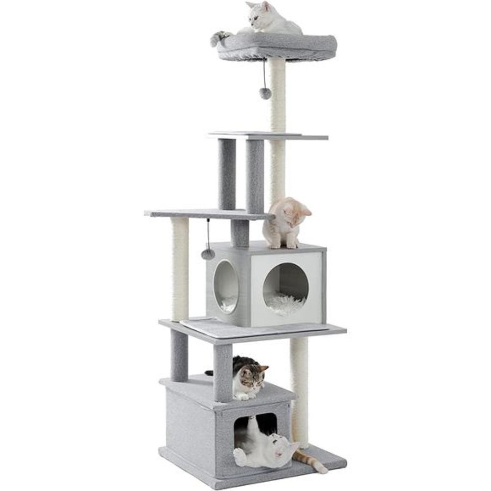 Modern Cat Tower, Wood Cat Tree with Scratch Post and Top Perch Bed, 20 Lbs